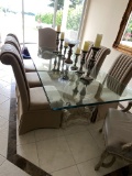 8'L x 4'W Double Beveled Glass Table with Carved Wood Base
