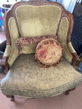 Wood Carved And Upholstered Occasional Chair with (2) Pillows