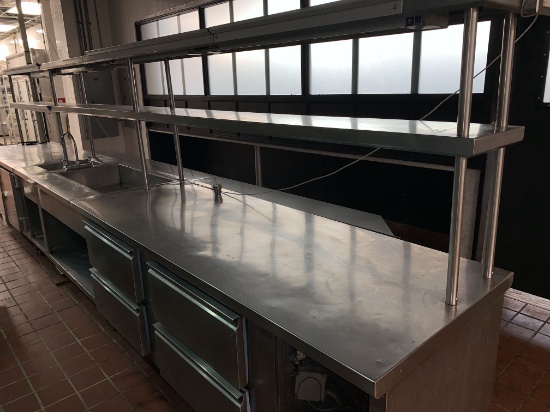 Large Chef Line made from Heavy Duty Stainless Steel with Double Overshel and Heat Lamps, (4) Refrig