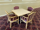Rattan Framed Dining Room Chairs with Red Vinyl Cushioned Seat and Upholstered Back