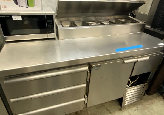 69"L Raised Rail Pizza Prep Unit, With Three Drawers, 1 and 1/2 Doors, Mounted On Casters