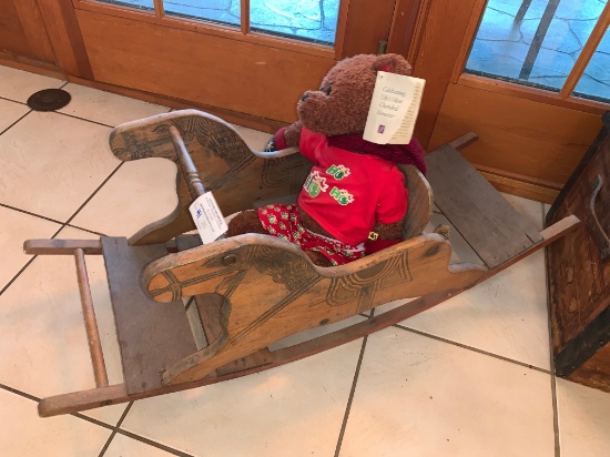 Antique Wooden Rocking Horse with Teddy Bear