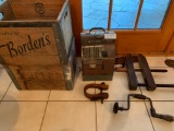 Lot, Antique Register, Drill, Wood Clamp and (2) Old Wood Crates