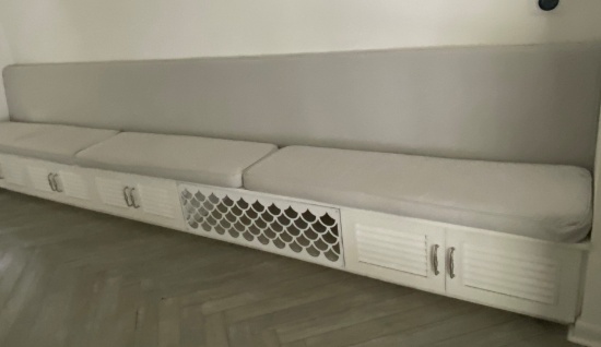 15' Decorative Wall Banquette, With Designer Louvered Bottom Drawers, A 5" Cushion Bench And 3" Cush