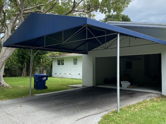 Approximately 17' x 20' Blue Canvas Carport Awning For Two Cars. Welded Interior Structure. Very Stu