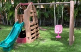 Durable Hard Plastic Portable Swing Set With Two Swings, Child Slide And Fort