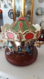 Mechanical Carousel With Horses On Rosewood Base