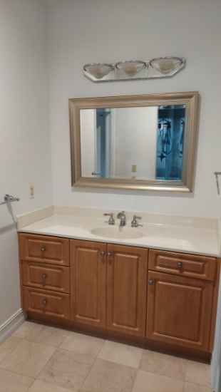 Complete Master Bathroom, Includes 61" Vanity Cabinet With Formed Sink and Hardware, Mirror, Three B