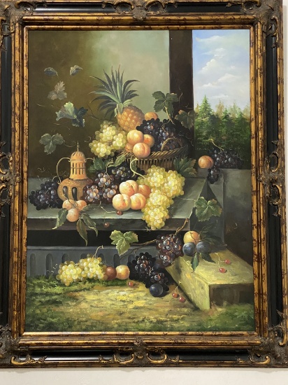 60"H x 48"W Decorative Black And Gold Framed Still Life Painting