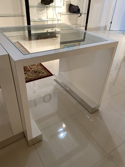 41" x 40" White Display Table With Inlaid Center Glass