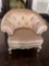 Rounded Back, Push Pins, Tufted Occasional Chair, With Ornate Wood Carvings On The Frame. Made By Gr