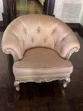 Rounded Back, Push Pins, Tufted Occasional Chair, With Ornate Wood Carvings On The Frame. Made By Gr