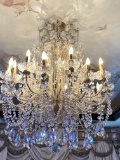 Very Ornate Gold And Crystal Chandelier. Chandelier Features Crystal Florals, Crystal Covered Arms A