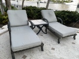 Pair Of Powder Coated Aluminum Single Loungers. Adjustable Head And Powder Coated Table With Aluminu