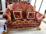7' Roman-Style Upholstered Loveseat With Gold Finish And Heavily Carved Gold Feet By Grafton