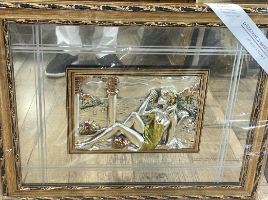 28"W X  30"H Wall Mirror With Silver Raised Picture Of Girl Eating Grapes. From The "Collezione Di A