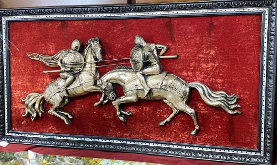 60"W X 32"H Three Dimensional Wall Art "Medieval Knights On Horses Dueling" On A Velvet Background E