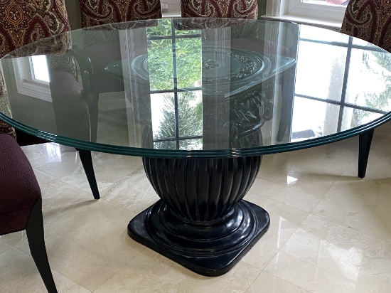 60" Round Triple Beveled Glass Table With Black Column Style Pedestal And Rosetta