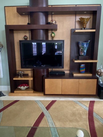 111" Custom-Made Solid Wood Wall Unit Television Cabinet With Three Doors Of Underneath Storage. Flo