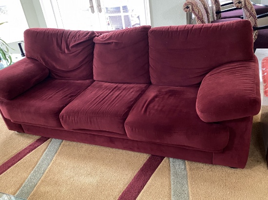 90" Three Seat Red Velour Sofa