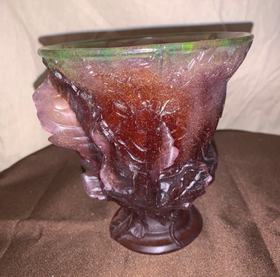 6"H Dark Amber Vase With Leaf Design by Daum