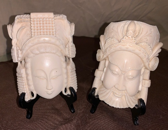 6"H Pair of Ivory Carved Emperor and Empress on Stand