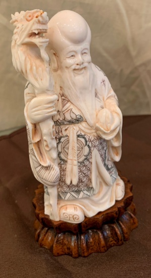 7"H Signed Carved Ivory Oriental Priest