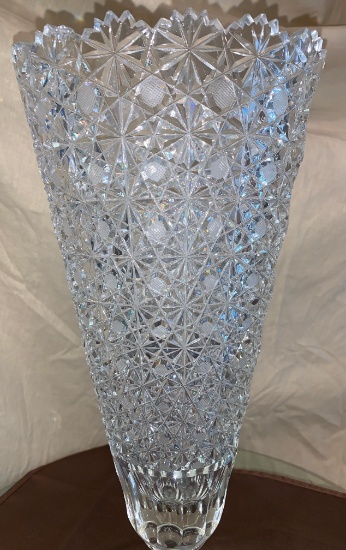 17" Czech Cut Crystal Vase Scalloped Edge Oval Style