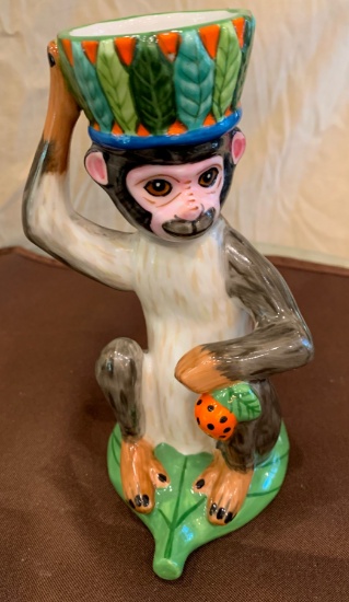 7"H Lynn Chaise "Monkey Business" Sitting Monkey Holding With Basket on Head