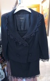 Escada Black Evening Skirt Suit Embellished With Lace Trim On Collar, Sleeve And Bottom Of Skirt