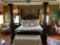 Six Piece Heavily Carved Wood Bedroom Suite Including King-Size Poster Bed With Leather Inlaid Headb