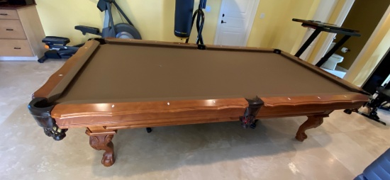 Craftmaster Heavily Carved Wood And Felt 9' Pool Table With Leather Pockets. Comes Complete With Bal