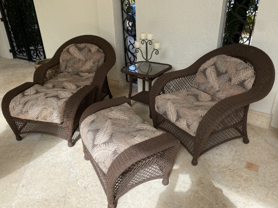 Woven Rattan Heavily Cushioned Outdoor Patio Set, Including Two Occasional Chairs And Ottomans And O