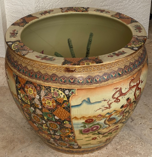 Large 24" Round Raised Relief Hand-Painted Chinese Fish Bowl