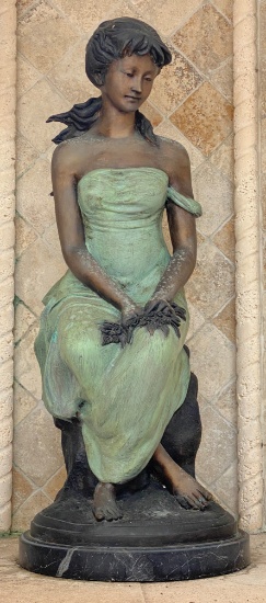 30" High Bronze Sitting Girl On Marble Pedestal Base