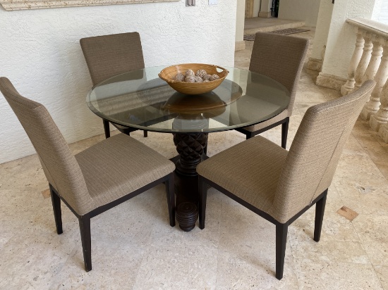 47" Round Beveled Glass With Carved Wood Base Table And Four Outdoor Fabric Chairs With Metal Base