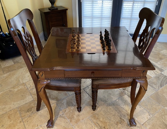 36 x 36 Footed Gaming Table With Backgammon And Chess Pieces. Includes Two Spun Leg Chairs With Swed