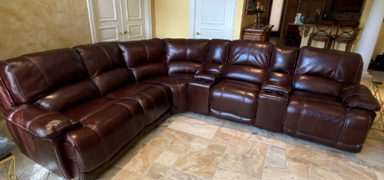 15' L-Shaped Heavily Upholstered Leather Recliner Sofa, Five Seats, Two Electrified, One Manual, Two