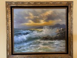 29 x 25 Original Oil On Canvas Seascape Painting With Gold Frame. Artist Painted By Stevens