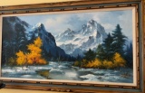 54 x 32 Original Oil On Canvas Landscape By Artist Stevens. Displayed In Wood Carved Frame