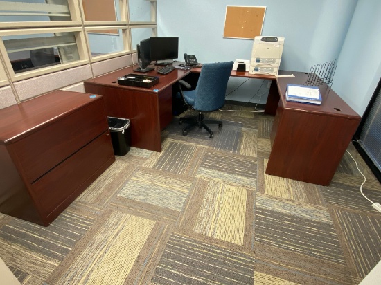 6' x 9' Cherry Wood U-Shaped Executive Desk With Two Drawer Lateral File Cabinet