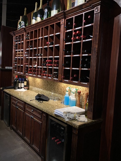 116" Storage Counter w/Granite Top and a (60) Bottle Decorative Wine Rack