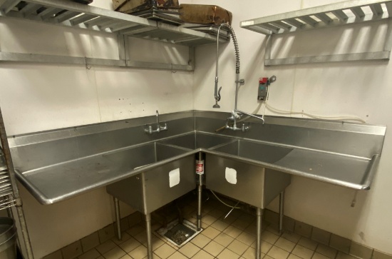 6ft x 6ft Stainless Steel Corner Sink with Lever Drains, (2) Faucets and a Spritzer