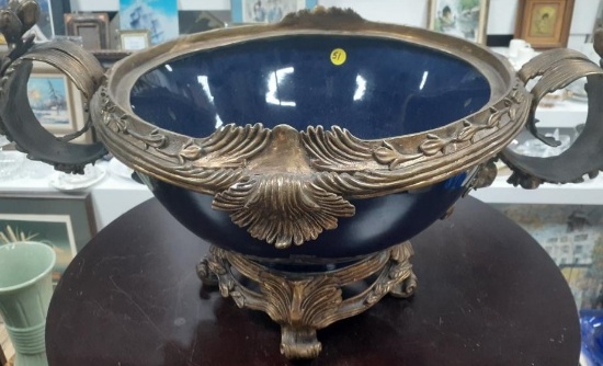 Large Metal and Porcelain Bowl - 12 inches High