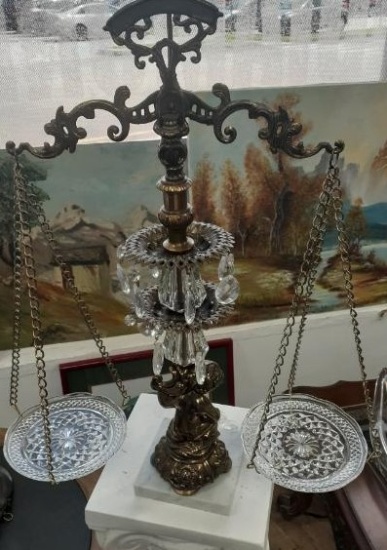 Vintage Crystal and Brass Scale with Marble base - 22 inches - missing crystals
