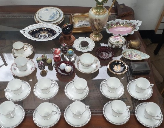 Top of Coffee table lot - tea cups, eggs, porcelain pieces