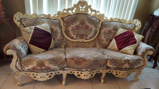 7' Heavily Carved Upholstered Sofa With Cushions