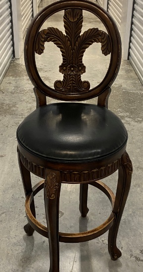 Hand Carved Flor Di Lis Designed Bar Stool With large 20" round Black Leather Swivel Cushion Seat an