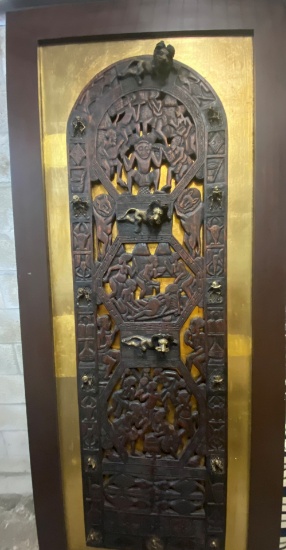 8' x 42" Hand Carved South African Door/ Wall Plaque mounted on 24K Gold Overlay. The Door feature m
