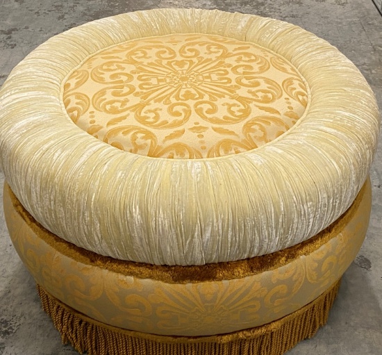 Massimo Comoli designed 31" Round Silk Velvet Pouf/Ottoman with Silk Inlaid Filigree Design with Par